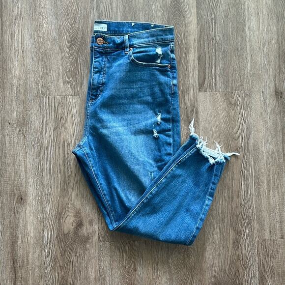 LOFT High Waist Skinny Ankle Jeans 32P Medium Wash Chewed Hem - Picture 1 of 8